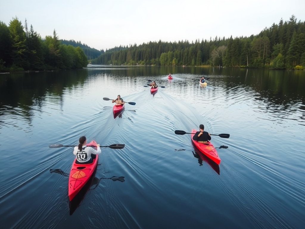 a group of people kayaking on Burnaby Lake, with green trees surrounding the calm water
