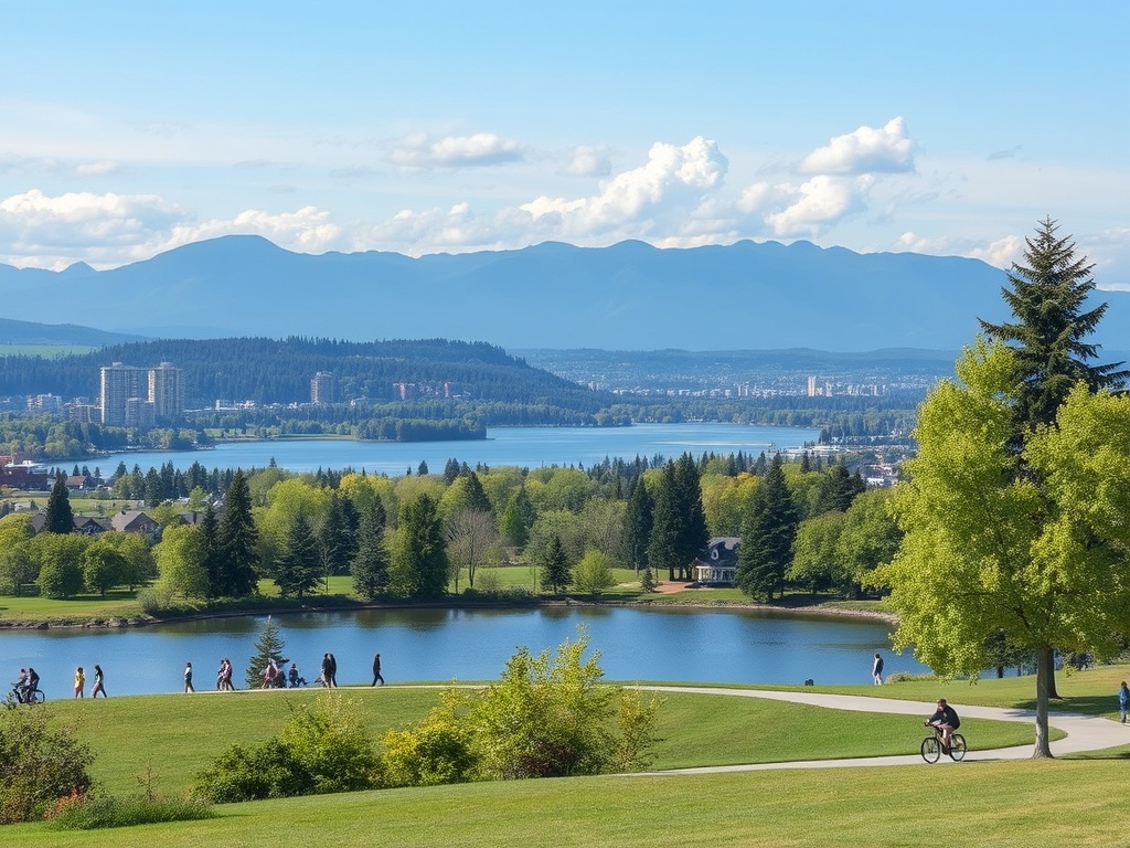 a scenic view of Burnaby's parks and lakes with people enjoying outdoor activities like walking and cycling