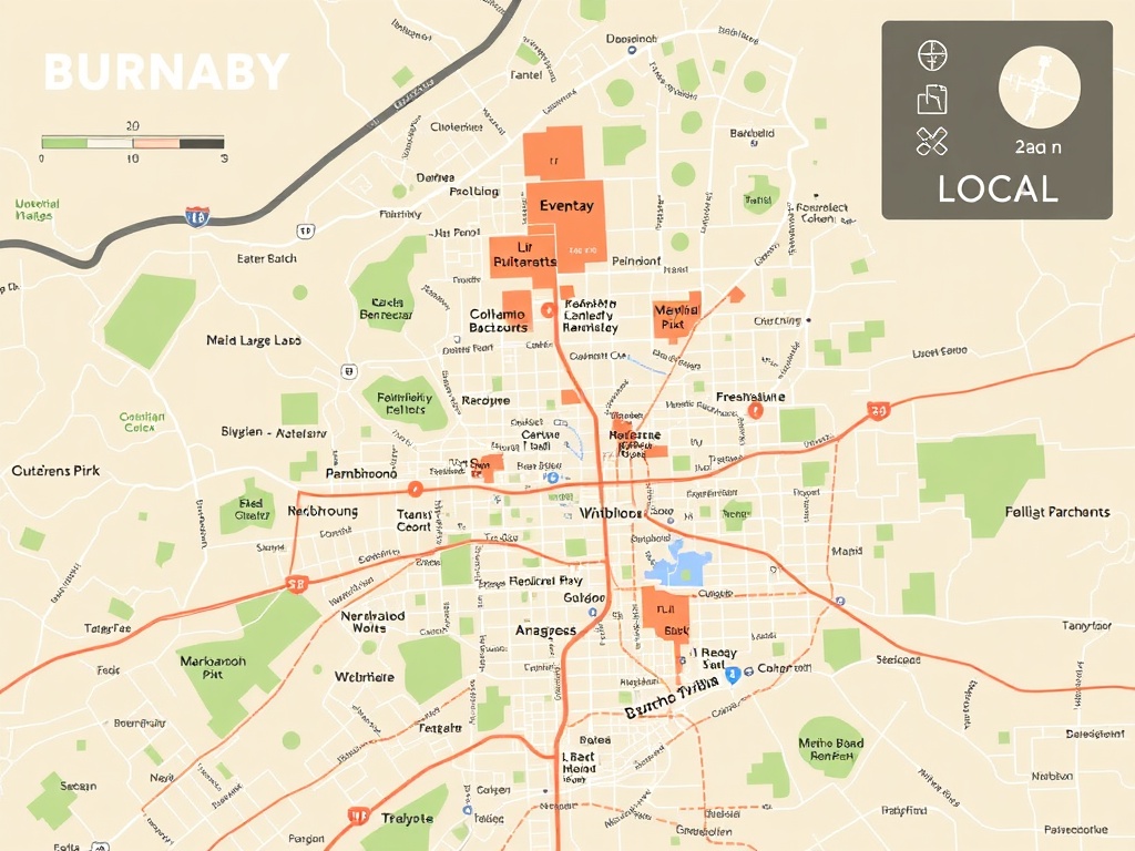 a stylized map of Burnaby neighborhoods with highlighted zones, parks, transit lines, and local spots, warm natural tones