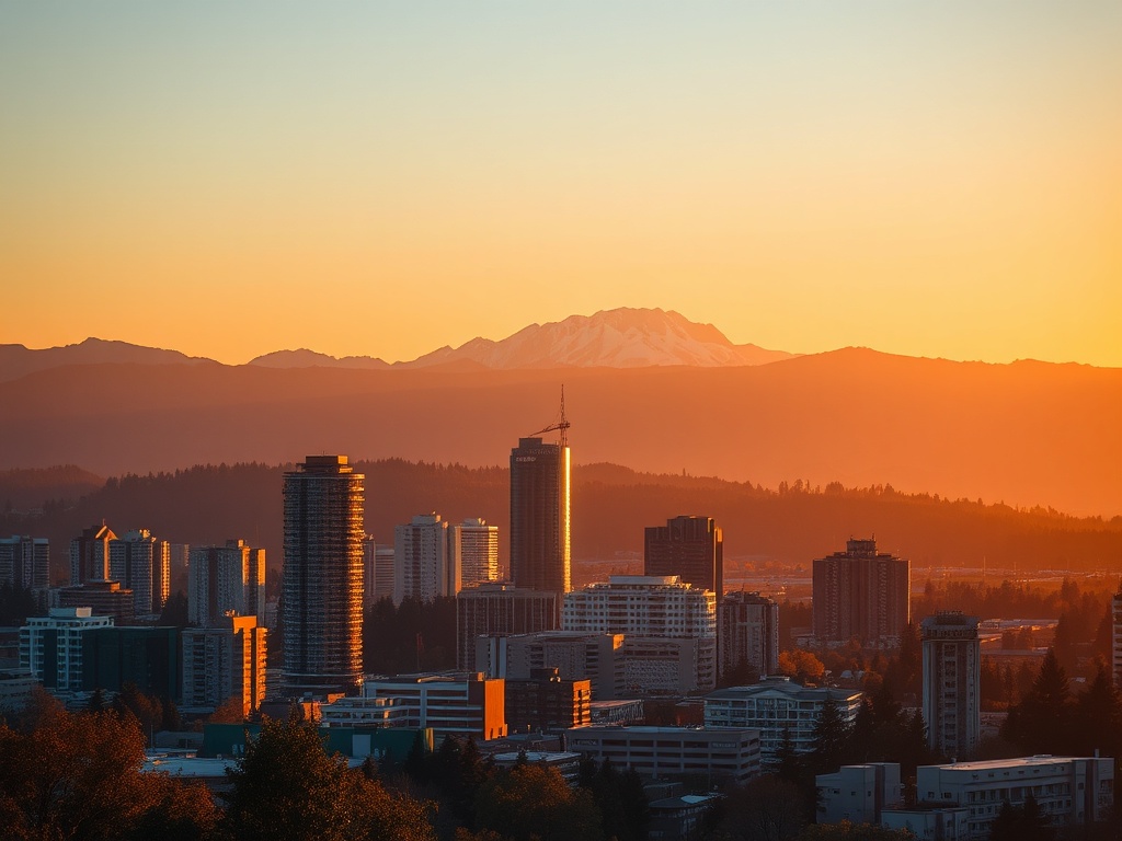Burnaby skyline with Metrotown, Brentwood towers, and mountain backdrop during golden hour, realistic and cinematic