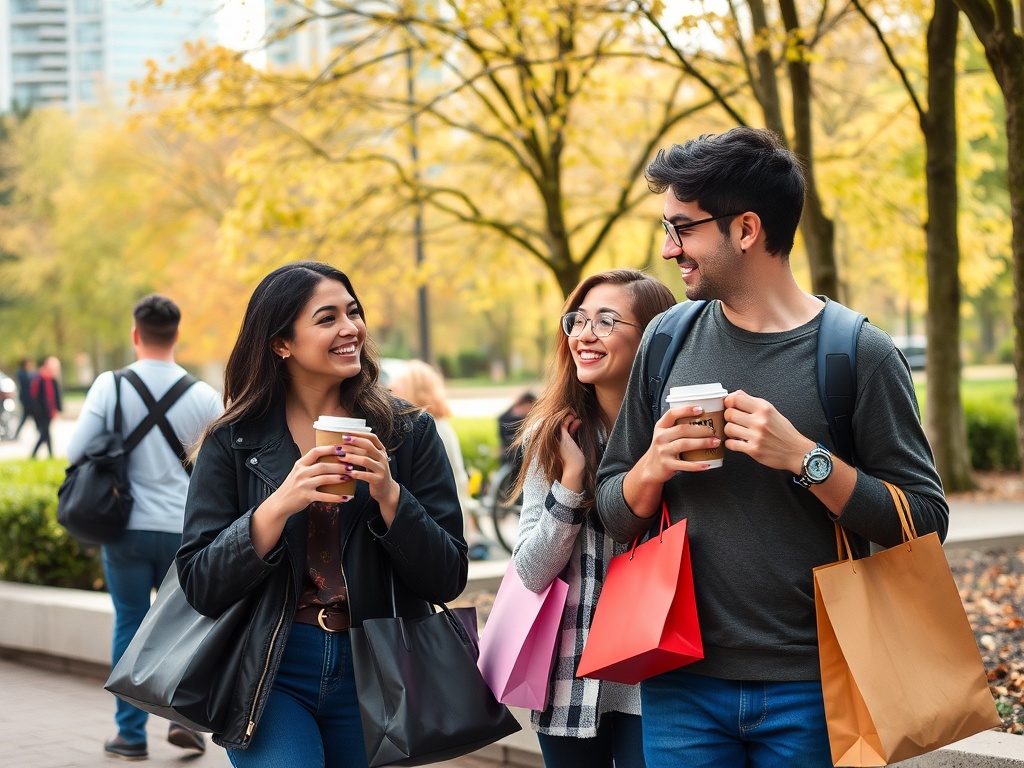 people enjoying a casual weekend in Burnaby with coffee, shopping bags, and park scenery, lifestyle photography