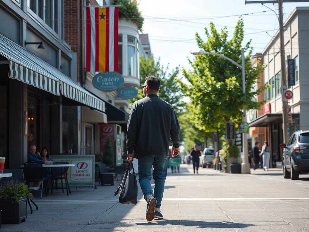 person walking through a lively Burnaby street with cafes, shops, and trees, candid everyday life moment