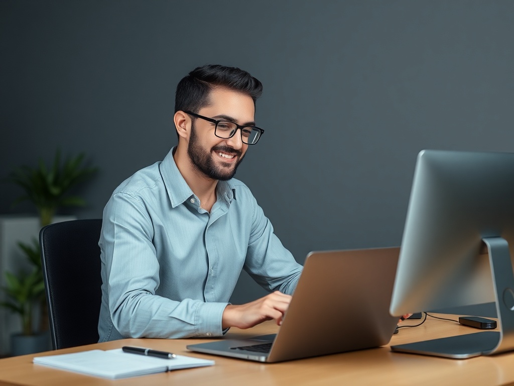 confident entrepreneur working efficiently with simple clean digital setup, focus and clarity