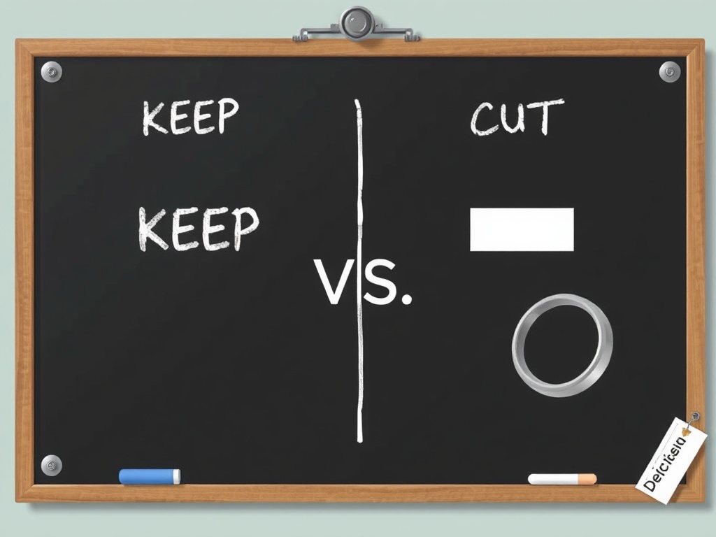 decision making board with keep vs cut tool evaluation, business strategy visual