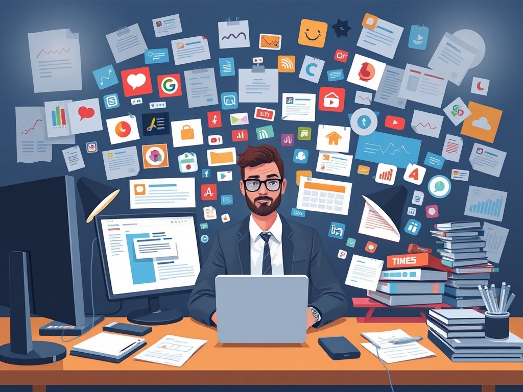 messy digital workspace with dozens of apps and notifications overwhelming a business owner, modern flat illustration