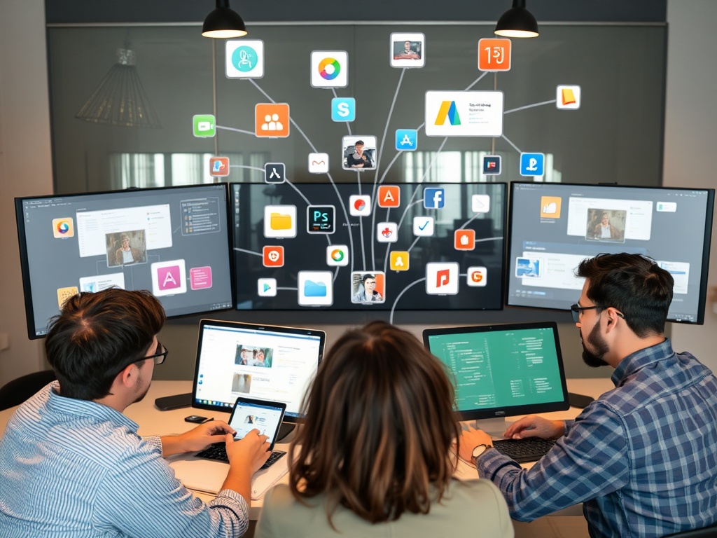 team switching between multiple apps on screens, fragmented workflow visualization, productivity confusion