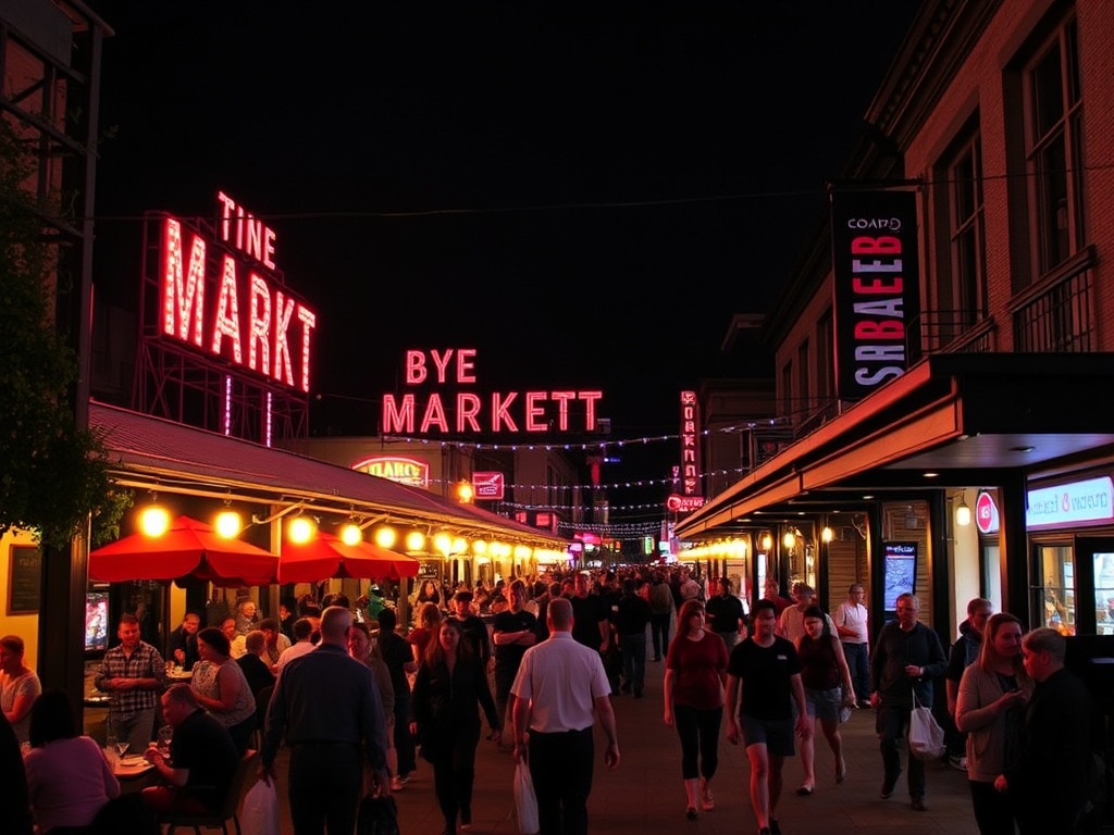 ByWard Market nightlife scene, glowing lights, busy patios, people walking at night, energetic atmosphere
