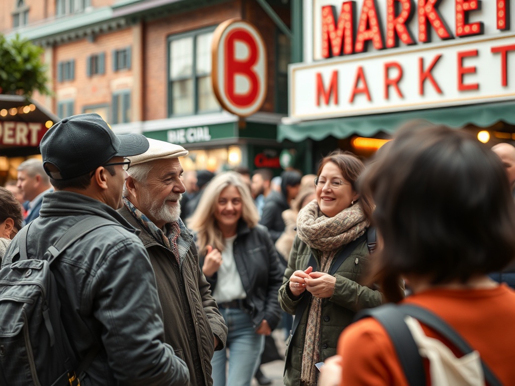 candid lifestyle moment in ByWard Market, locals chatting, relaxed atmosphere, authentic everyday scene