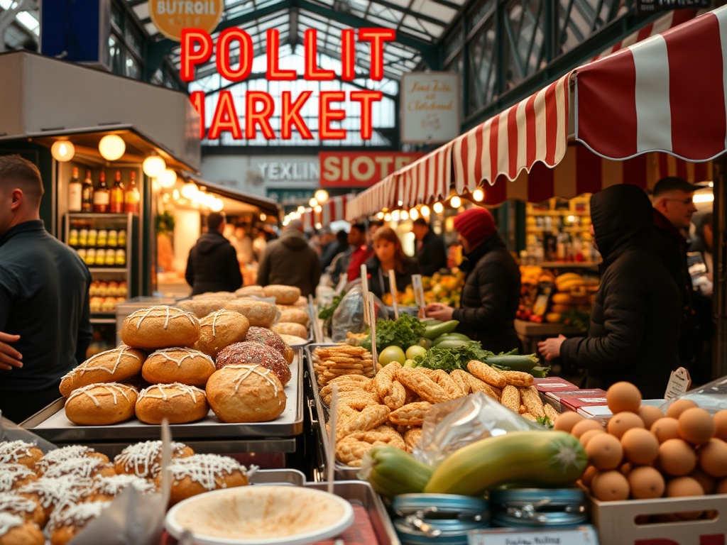 close-up of diverse street food in ByWard Market, pastries, poutine, fresh produce, busy but vibrant scene