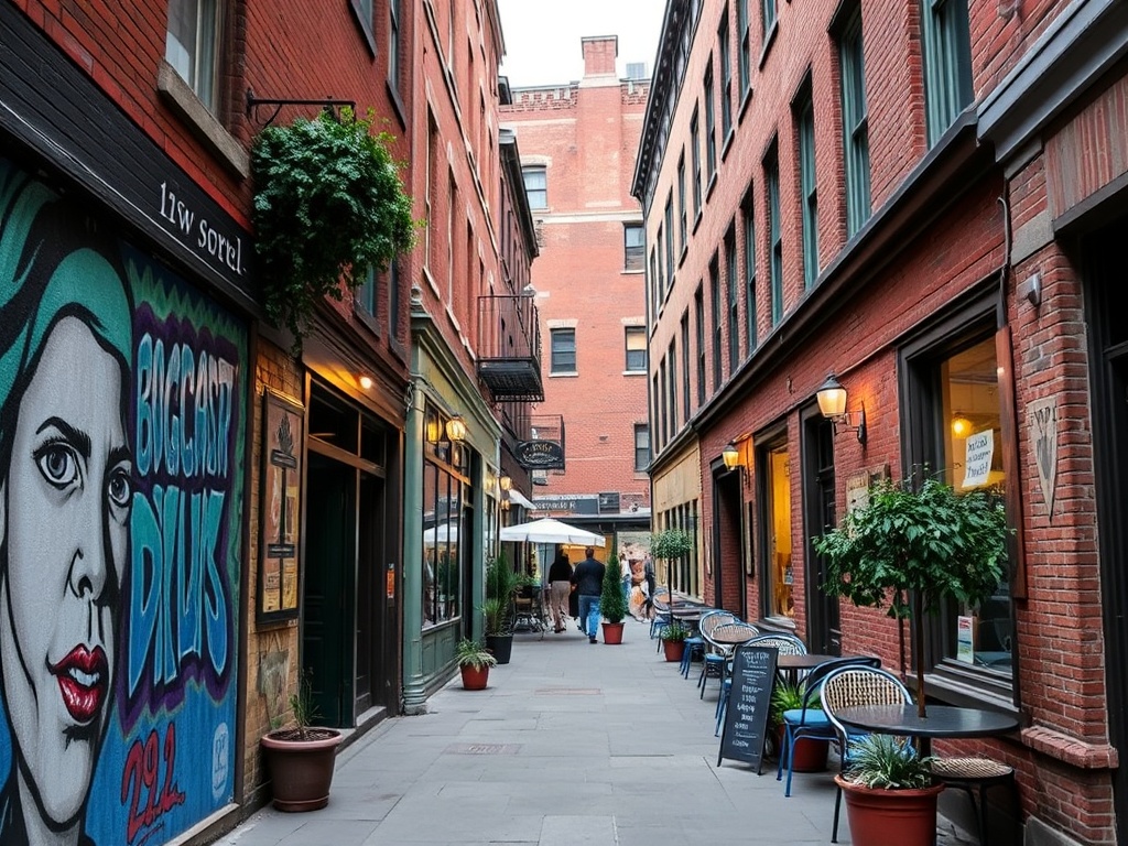 narrow side streets in ByWard Market with murals, small shops, hidden patios, urban Ottawa vibe