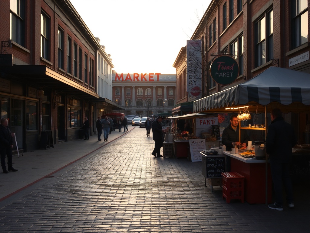 quiet early morning in ByWard Market Ottawa, empty cobblestone streets, soft sunrise light, local vendors setting up stalls