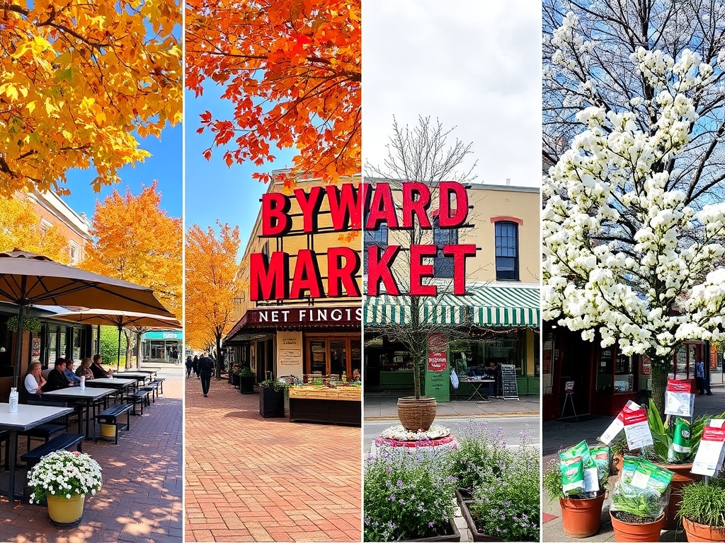 seasonal collage of ByWard Market in summer patios, fall leaves, winter snow, spring freshness