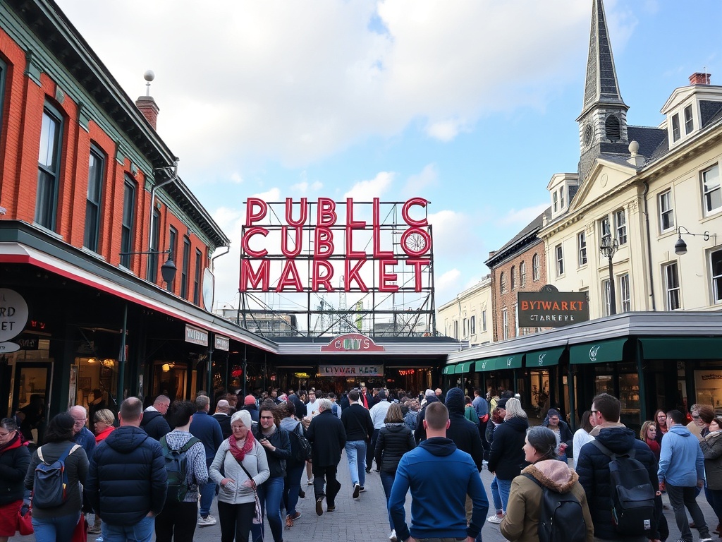 tourist crowd around popular ByWard Market landmark contrasted with quieter local spots nearby