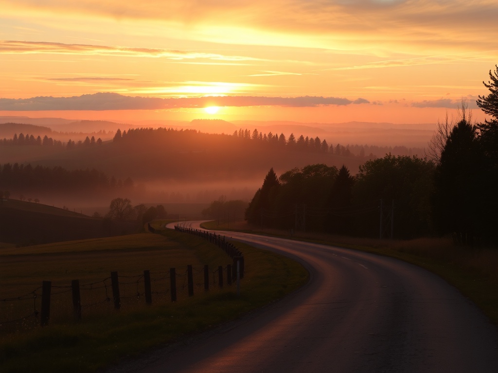 golden sunrise over caledon rolling hills rural ontario quiet country road mist