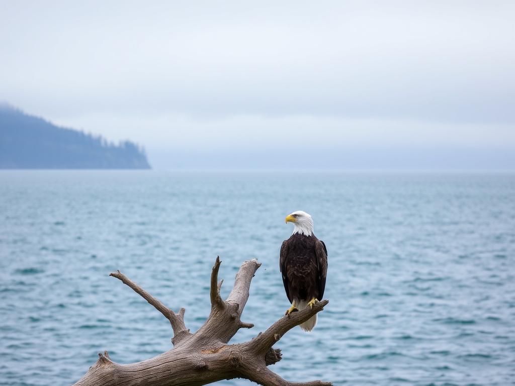 bald eagle perched on driftwood overlooking ocean with misty mountains in background Vancouver Island wildlife