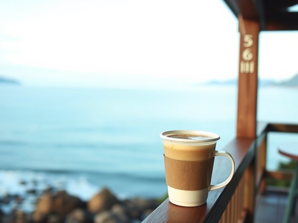 cozy coastal coffee scene with takeaway cup overlooking ocean view on a wooden railing Vancouver Island