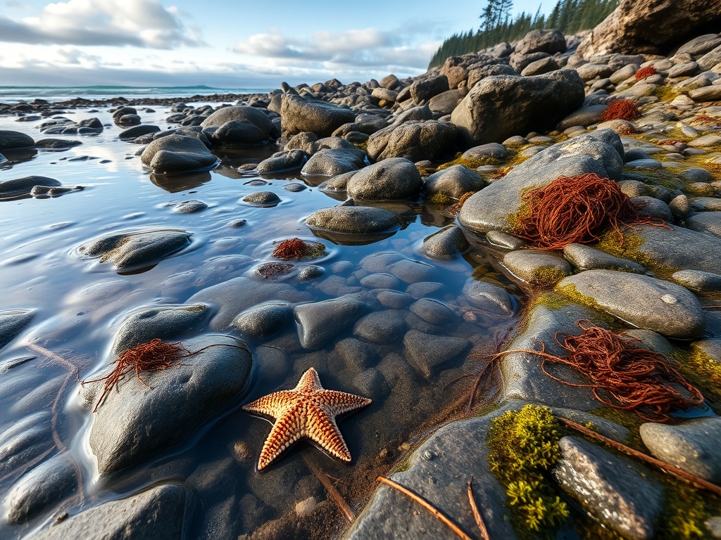 dramatic tidal pools on rocky shoreline with starfish and seaweed exposed during low tide Vancouver Island