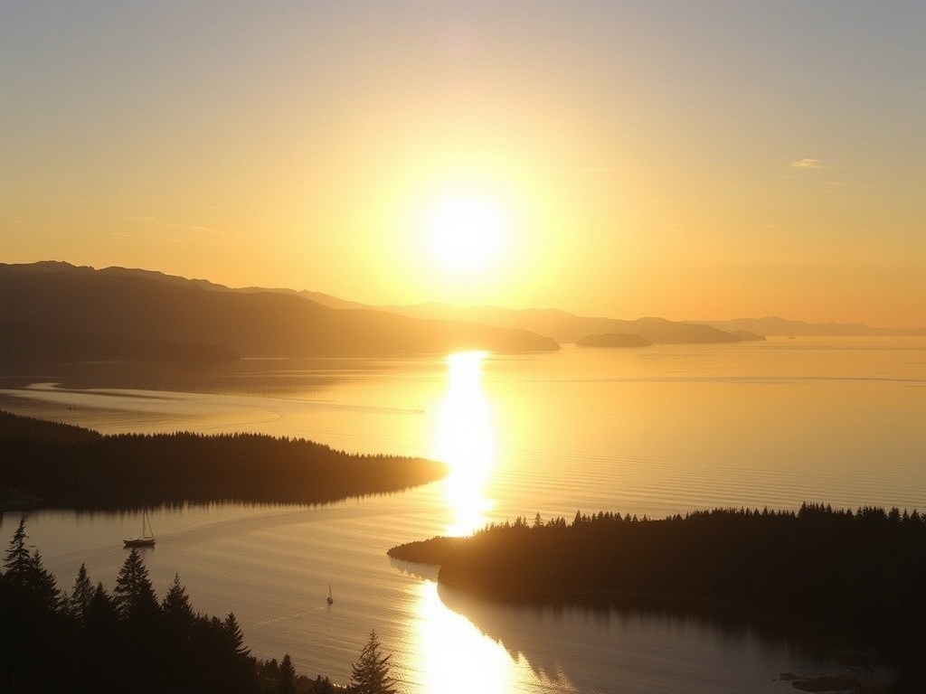 golden sunrise over Discovery Passage with calm water and mountains in the distance, peaceful coastal British Columbia morning