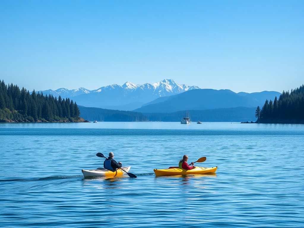 people kayaking in calm coastal waters with forested shoreline and distant mountains, Vancouver Island lifestyle