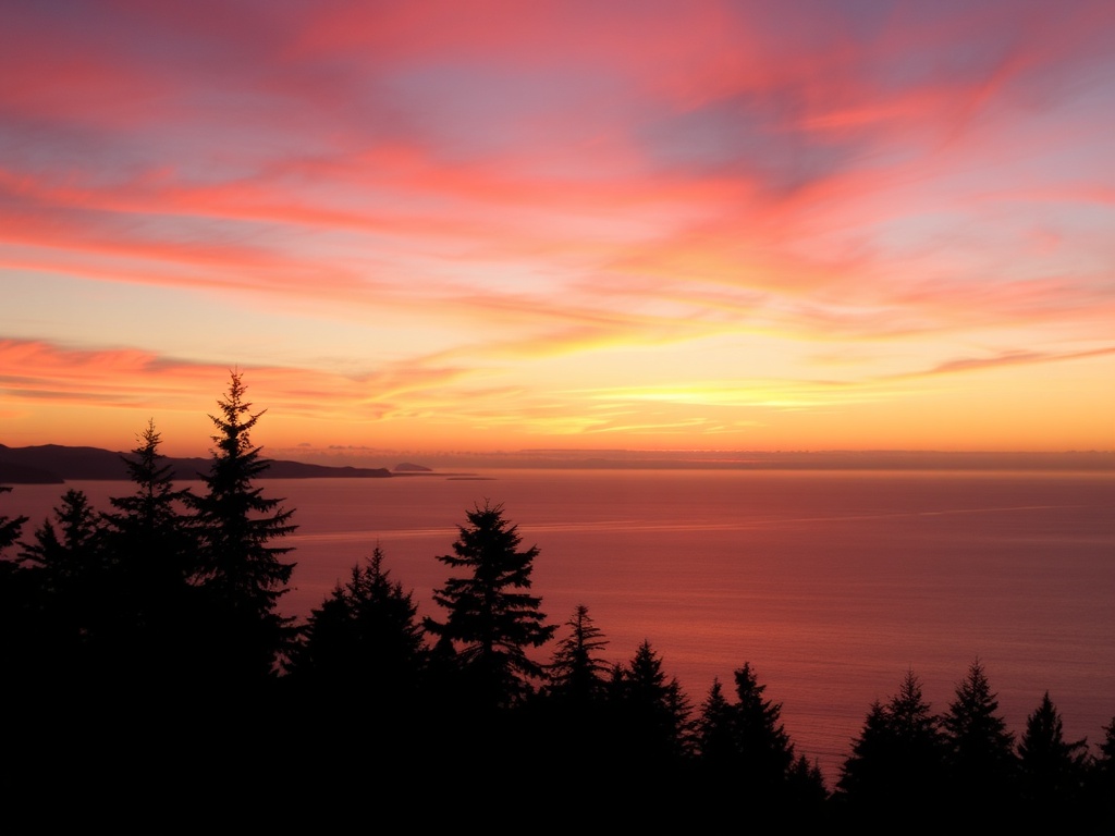 sunset over ocean with orange and pink sky reflecting on water, silhouettes of coastal trees Vancouver Island