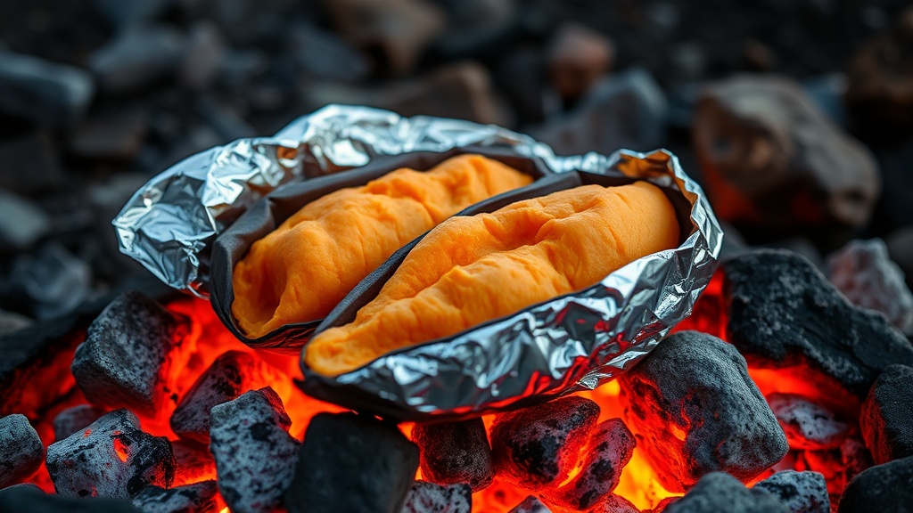 Foil-wrapped sweet potato halves nestled in glowing orange and gray coals of a wood campfire with soft steam rising.
