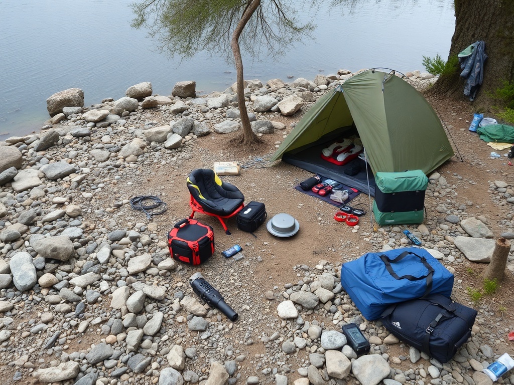 bad campsite setup on uneven rocky ground with poor drainage near water, cluttered gear