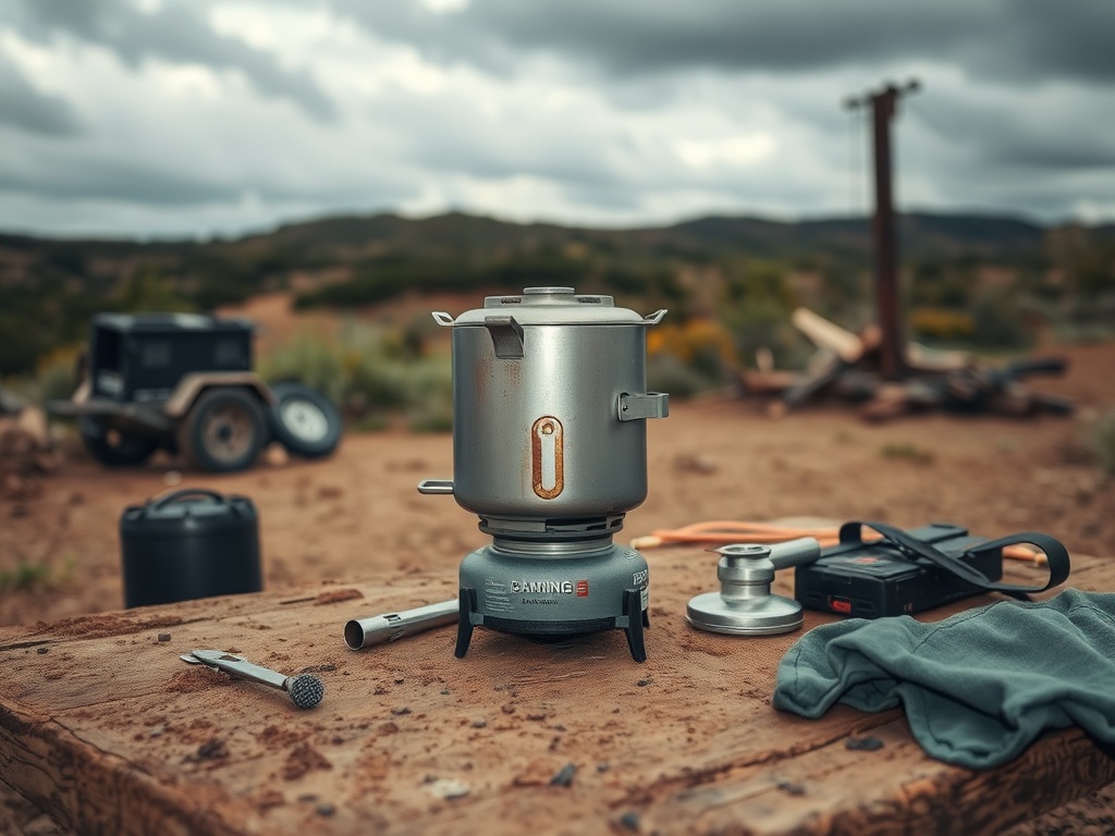 broken camping stove sitting on a dirt campsite table with scattered gear, overcast sky, realistic wear and tear