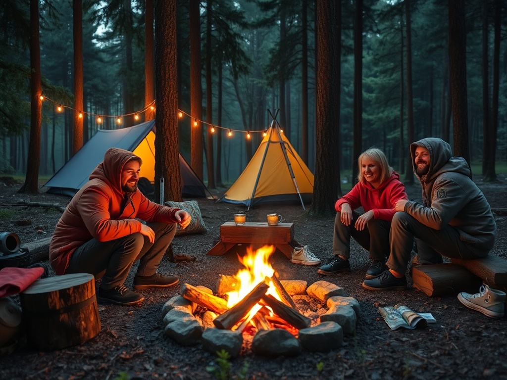campers enjoying a slightly rainy forest campsite with cozy fire, relaxed mood despite weather