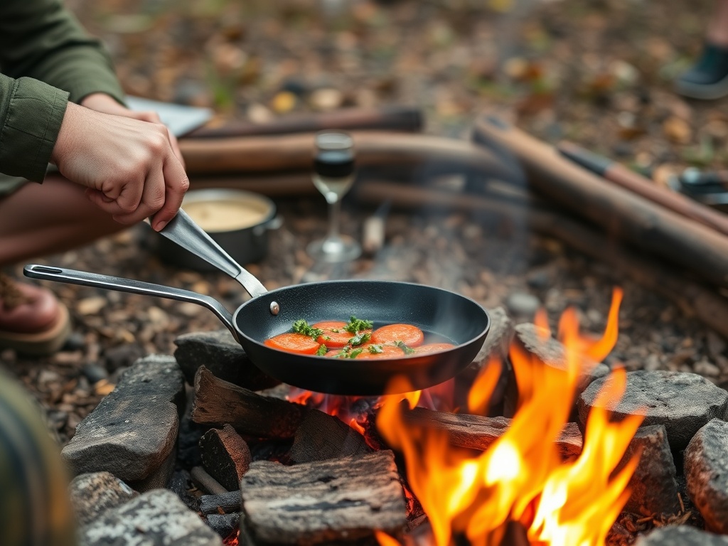campfire cooking scene with simple organized meal prep, skillet over fire, relaxed atmosphere