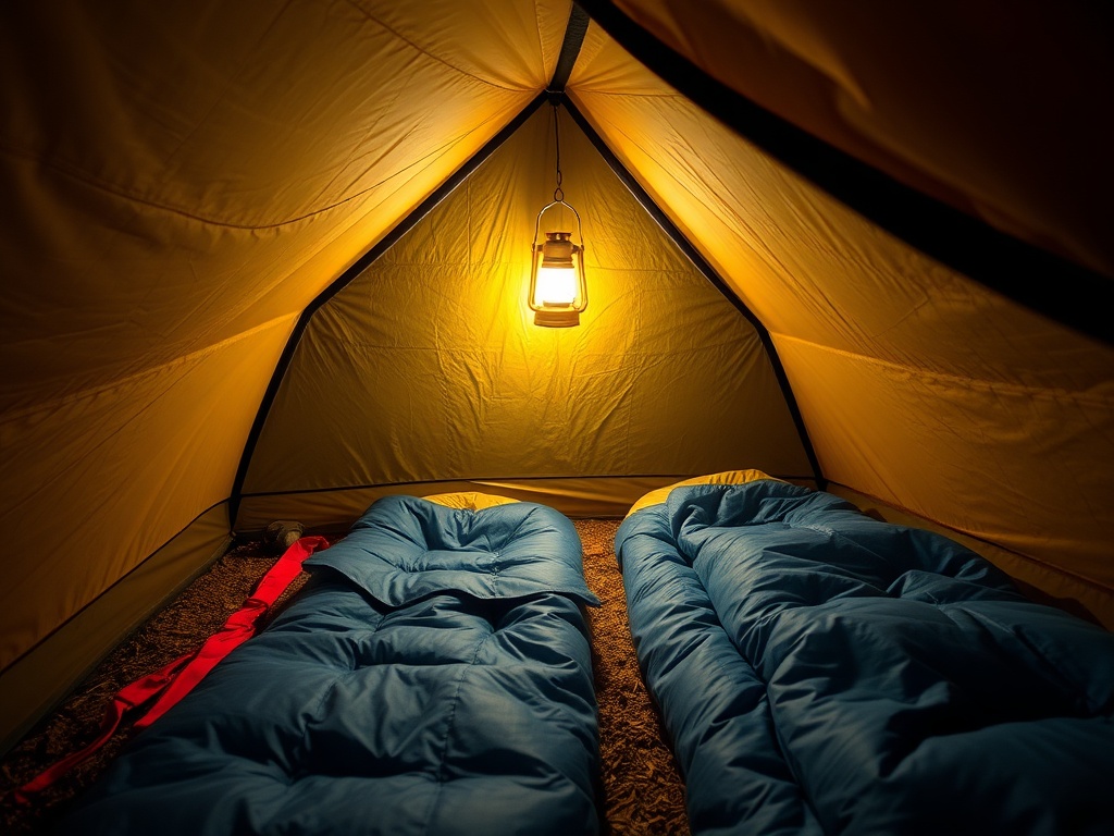 camping tent interior with sleeping pad and sleeping bag, nighttime scene with lantern glow