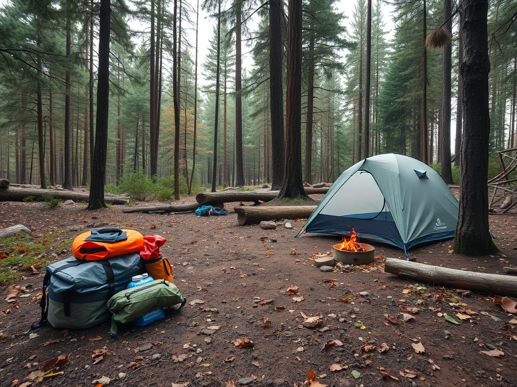 clean campsite in forest with packed gear, no trash, natural setting preserved
