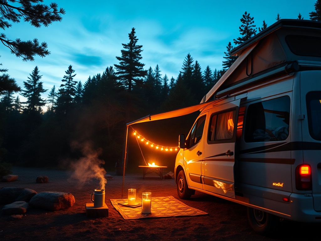 early morning campsite with coffee steaming beside a camper van, quiet forest setting, soft sunrise light