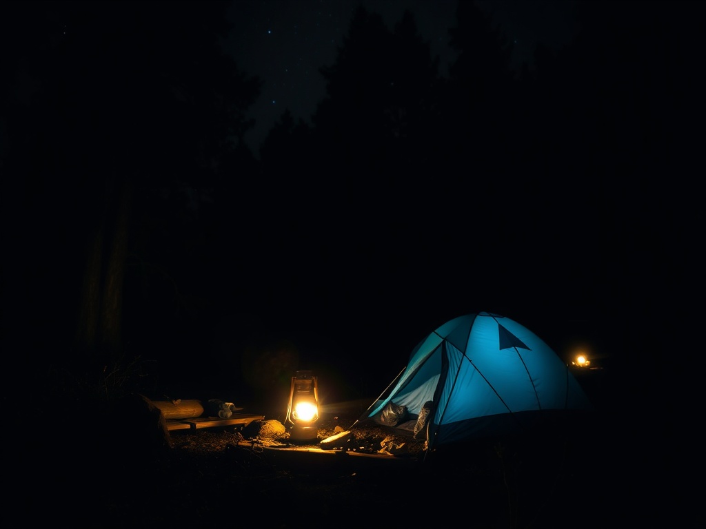 night campsite illuminated by headlamp and lantern, cozy glow, surrounding darkness