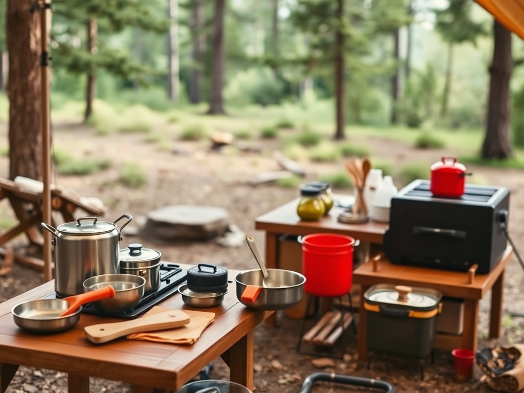 organized camp kitchen setup with stove, table, cooking tools neatly arranged in outdoor campsite