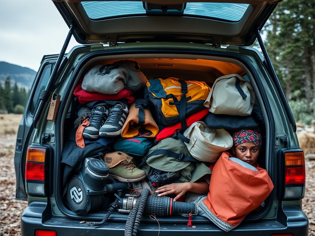 overpacked camping car with gear piled high, disorganized equipment spilling out