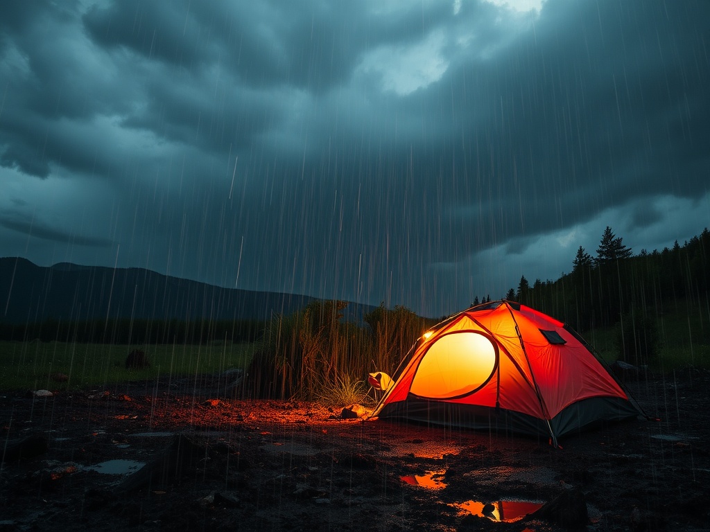 rain pouring on a campsite with tent and muddy ground, dark clouds, realistic storm conditions
