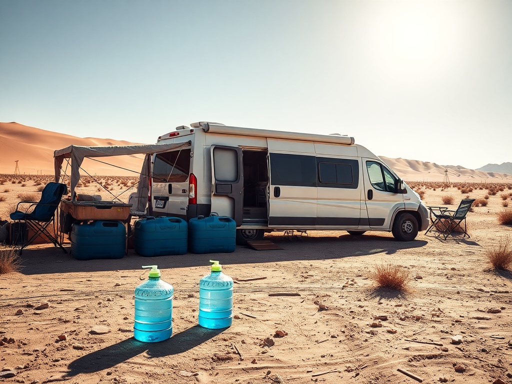 water containers at a dry desert campsite with camper van, harsh sun and dusty ground