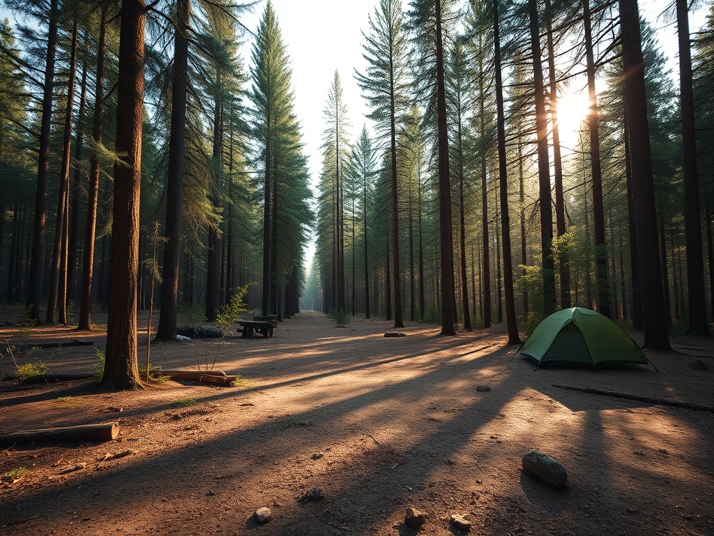 a clean untouched forest clearing with no trash, pristine nature, tall trees and soft sunlight showing a perfect Leave No Trace campsite