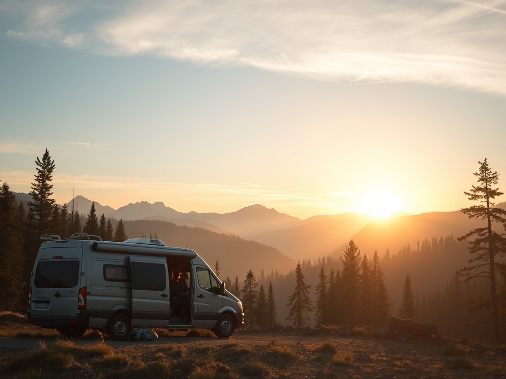 a peaceful sunrise over a remote campsite with a camper van and coffee setup, soft light illuminating mountains and forest, calm morning atmosphere