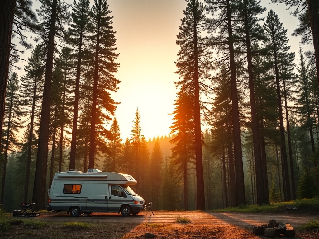 a remote forest campsite at sunset with a camper van parked among tall pine trees, soft golden light, no people, peaceful wilderness setting