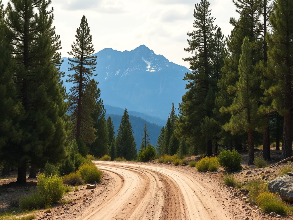a rugged dirt forest service road winding through pine trees with mountains in the background, dusty path, remote and scenic