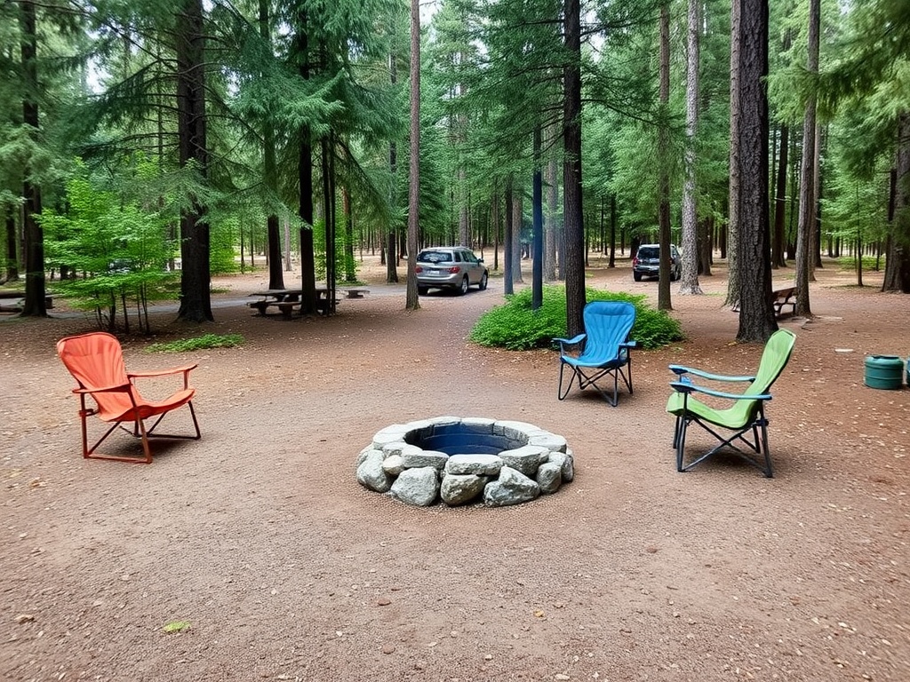 a well-used dispersed campsite with a small stone fire ring, flat ground, surrounded by trees, camping chairs and a simple setup in nature