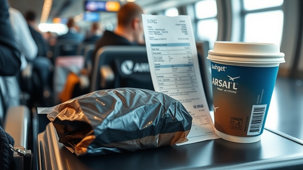 An overpriced wrapped sandwich and coffee next to a boarding pass on an airport terminal seat, illustrating hidden travel costs.