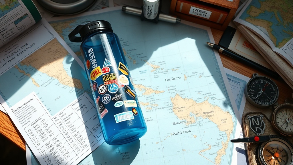 Featured Image: A highly realistic, unedited, candid photo of a cluttered travel desk showing a worn-out map of the Caribbean, flight schedule printouts, a battered Nalgene water bottle covered in stickers, and a compass.