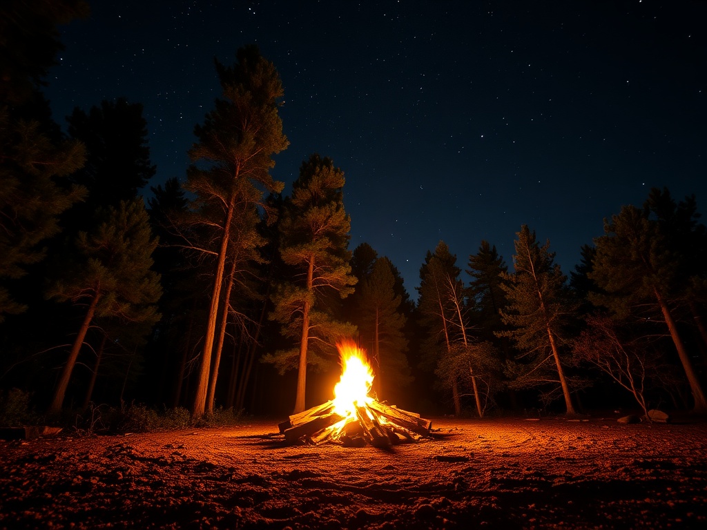 a campfire glowing brightly at night, surrounded by trees under a starry sky