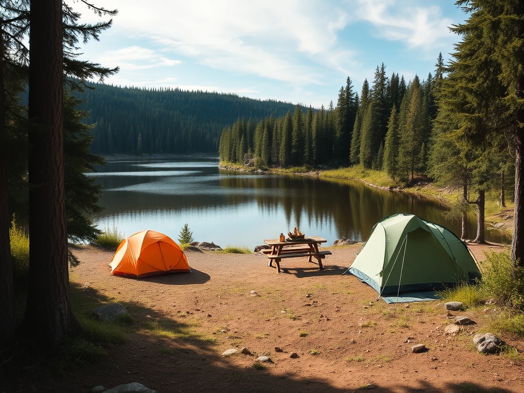 a scenic view of a tranquil campsite by a lake, surrounded by lush forests