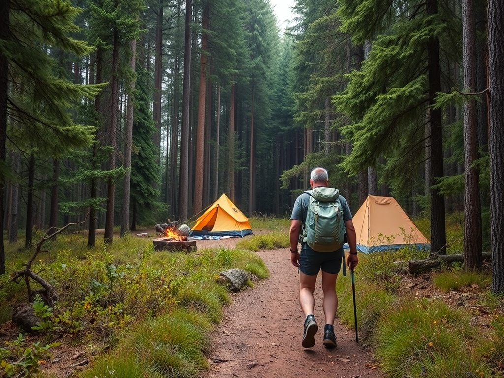 an adventurous hiker exploring a forest trail leading to a campsite