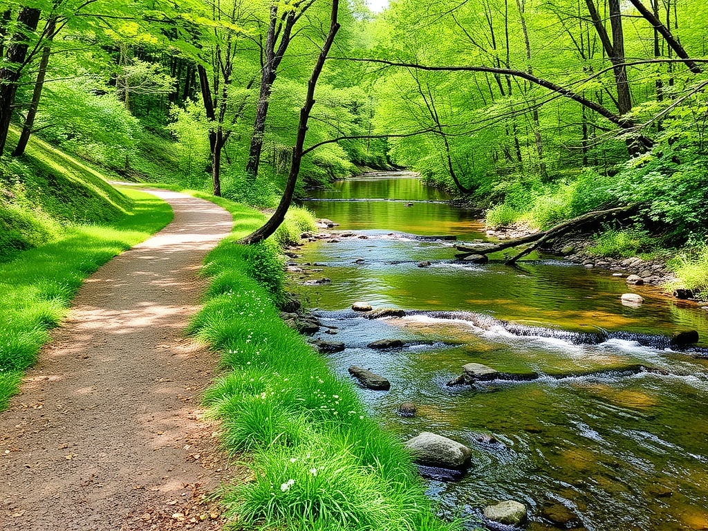 A peaceful walking trail by Stoney Creek, with greenery and clear water