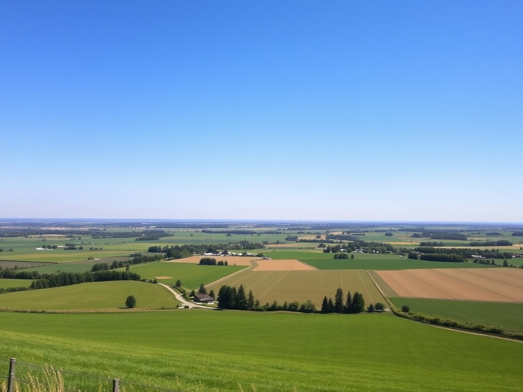 A scenic view of Camrose's countryside, with green fields and clear skies