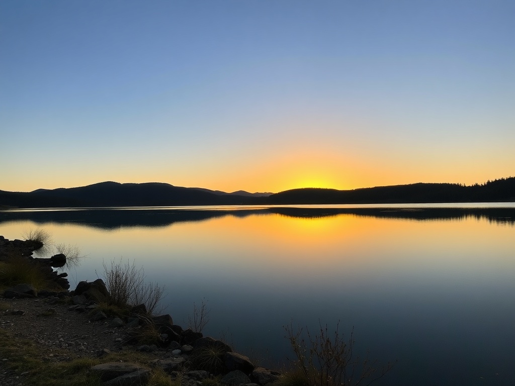A serene view of Mirror Lake with a gentle sunset reflecting off the water
